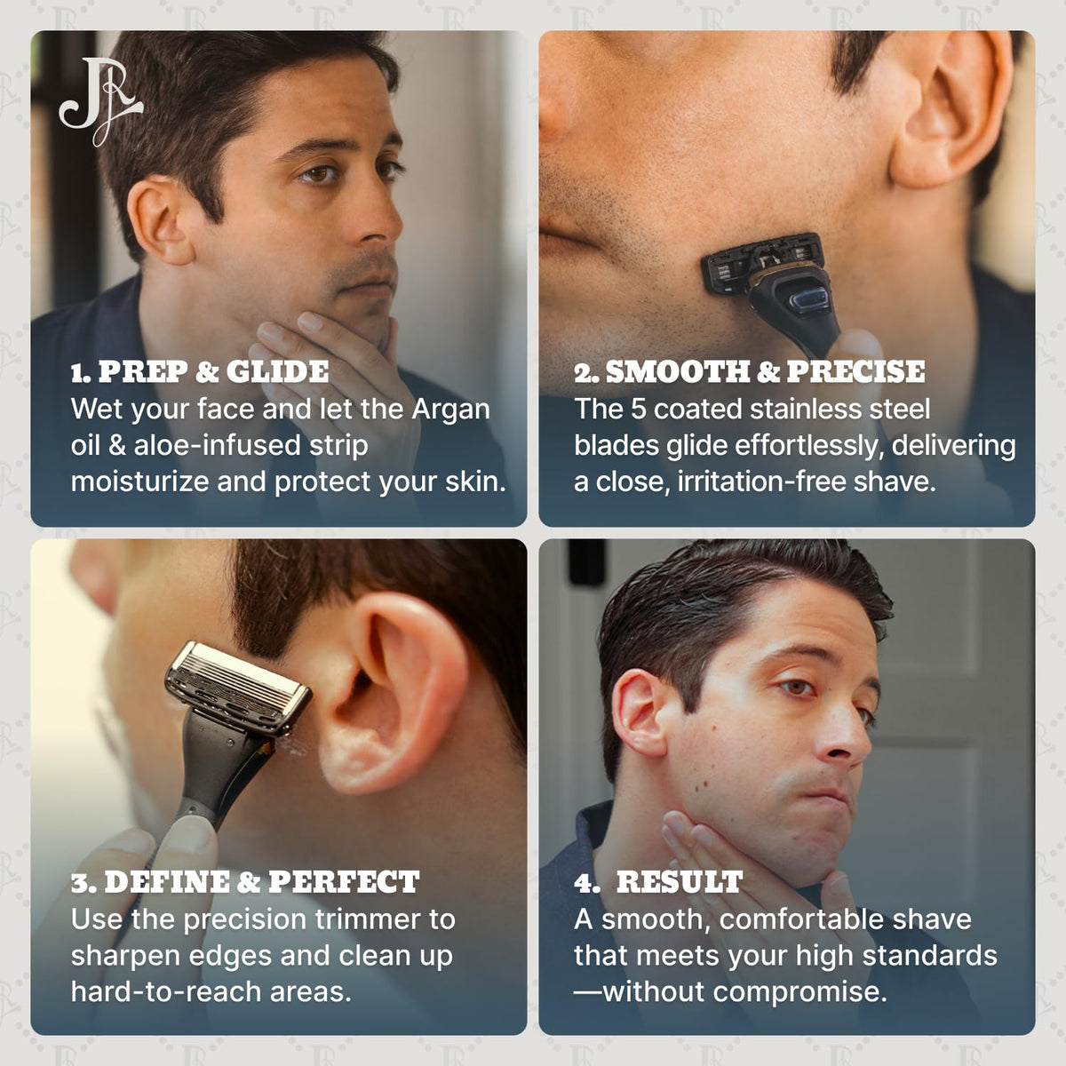 Jeremy's cartridge in use on a man's cheek illustrating controlled, comfortable shave