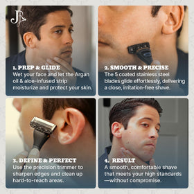 Jeremy's cartridge in use on a man's cheek illustrating controlled, comfortable shave