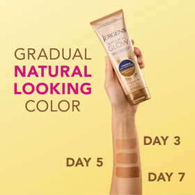 Applying Jergens moisturizer to forearm for even, gradual tan benefit