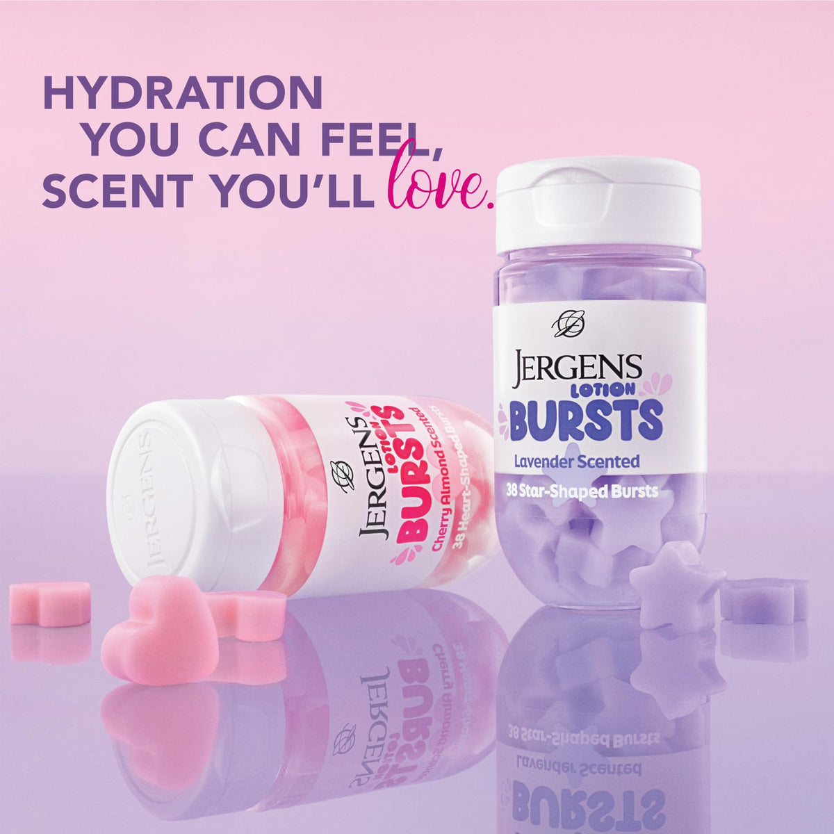 Hand holding Jergens heart burst demonstrating portable hydration and convenience