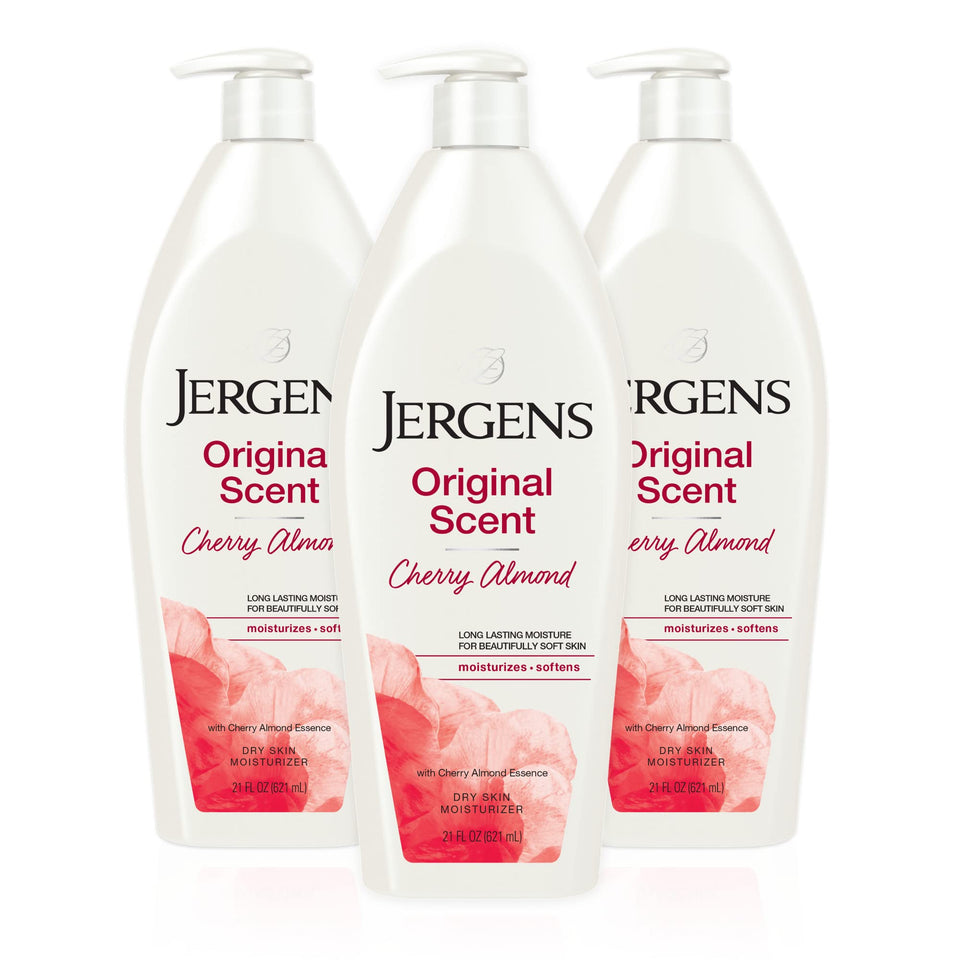 Jergens bottle front packaging showing cherry almond scent and hydration benefit