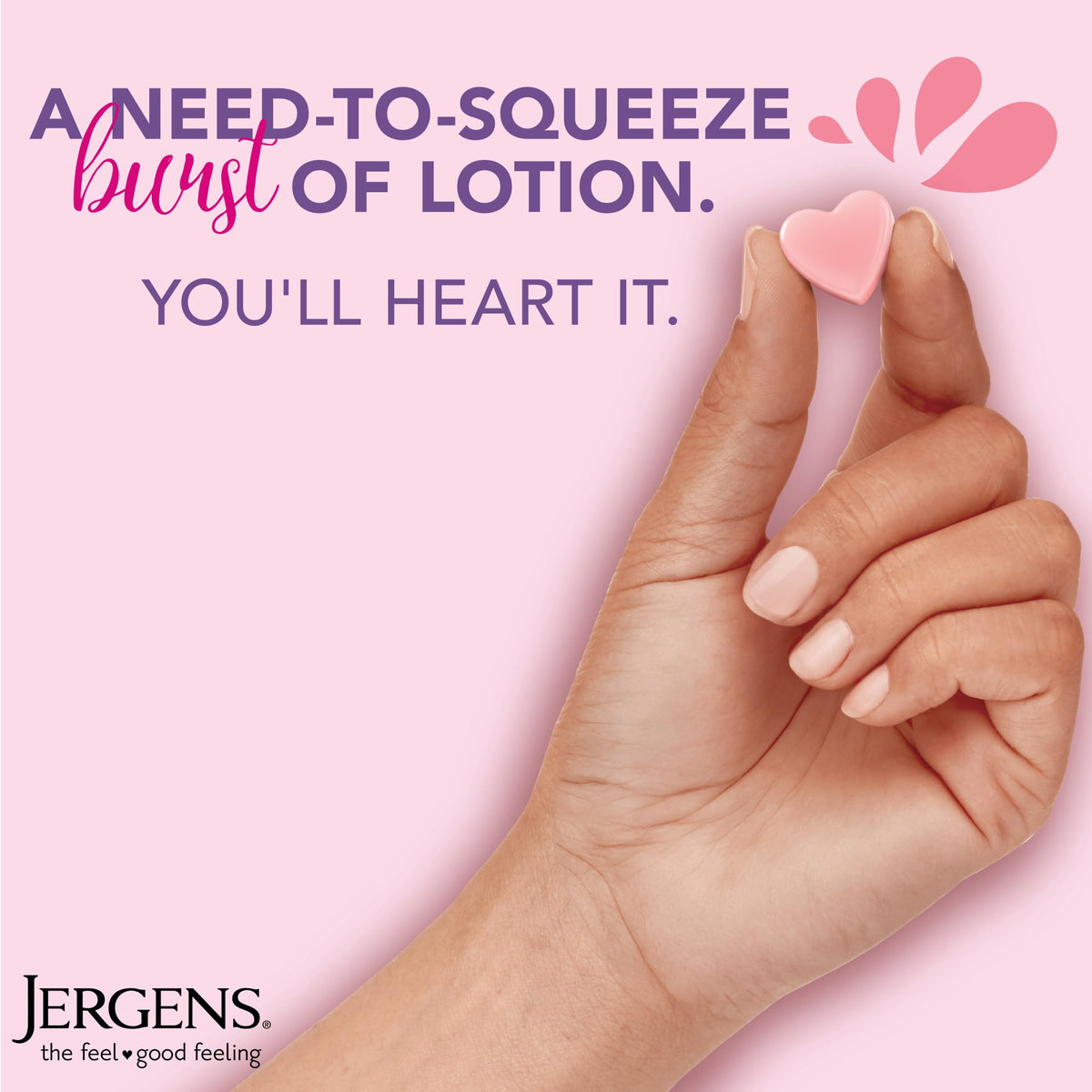 Close-up of heart-shaped Jergens burst highlighting squishy texture and easy use