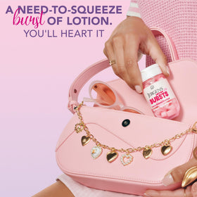 Squeezed Jergens burst releasing lotion to show smooth texture and quick absorption