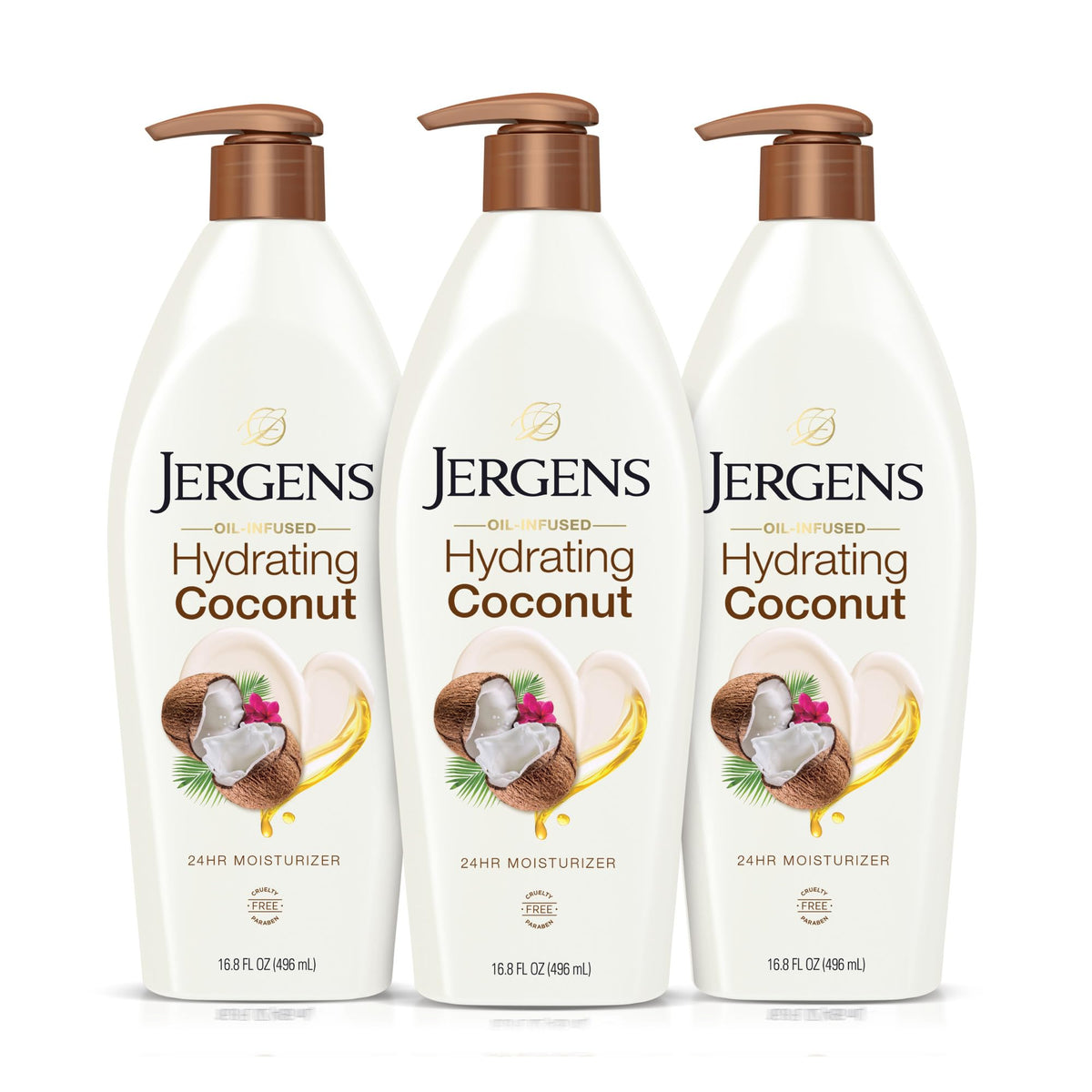 Jergens front packaging showing bottle and coconut scent, quick hydration