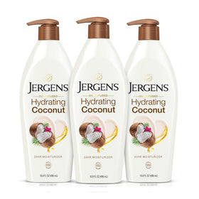 Jergens front packaging showing bottle and coconut scent, quick hydration