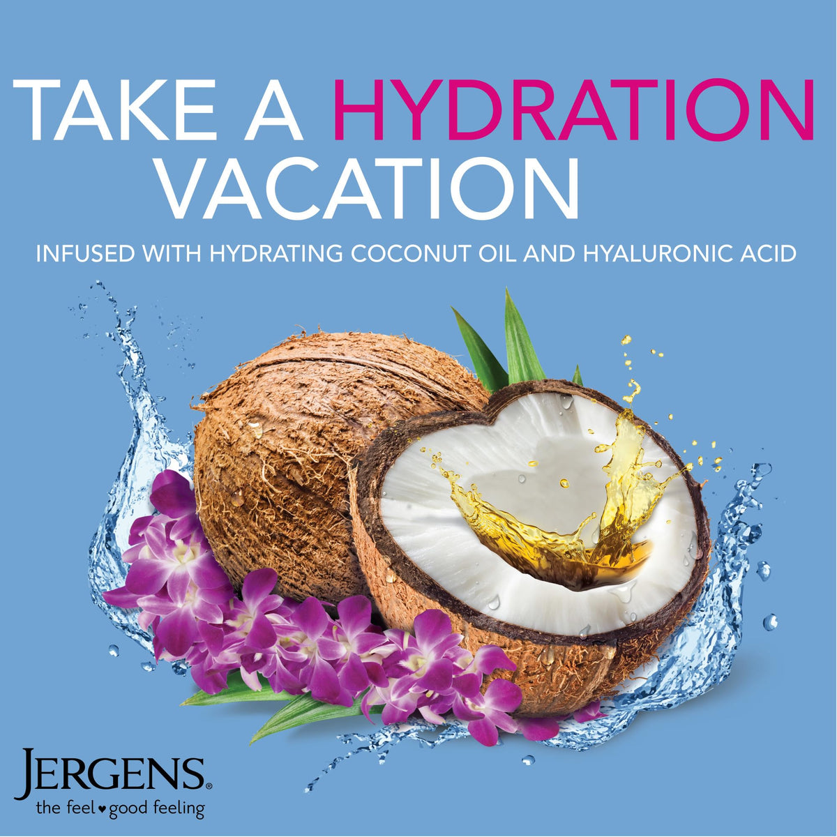 Jergens coconut oil texture glistening on skin for nourishment benefit