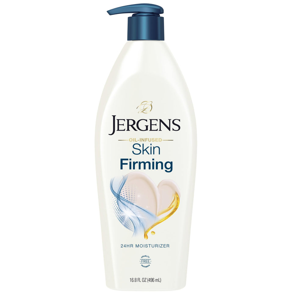 Jergens front packaging showing bottle and benefits for firmer-looking skin