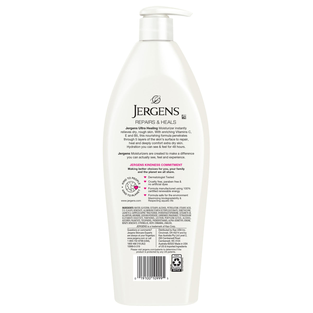 Jergens bottle beside vitamins C E B5 to show key ingredients