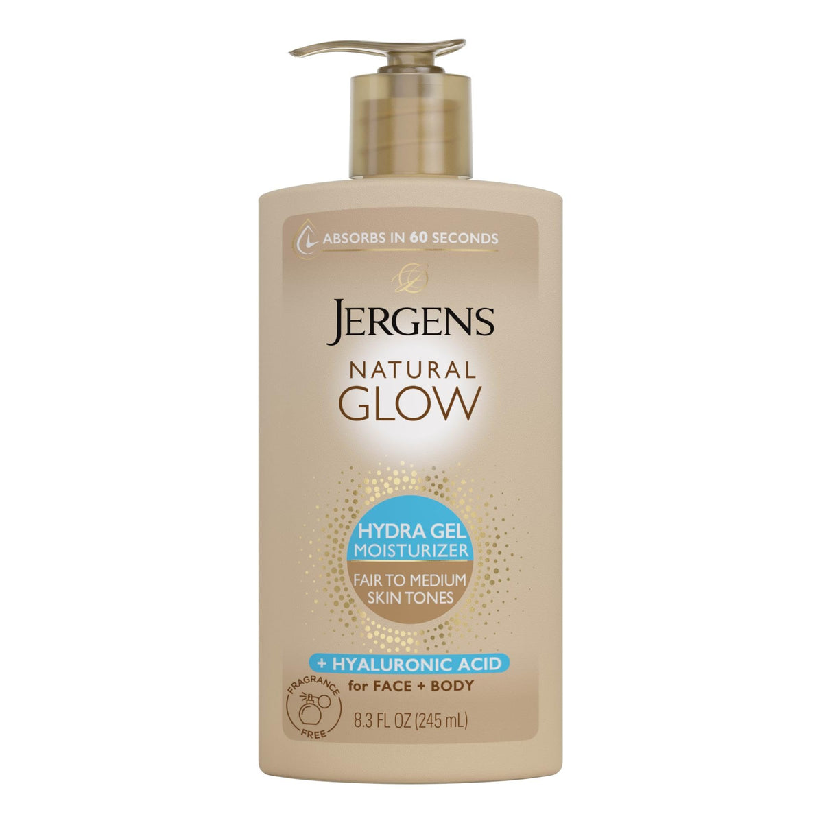 Jergens front packaging showing hydra gel moisturizer and gradual tan benefits