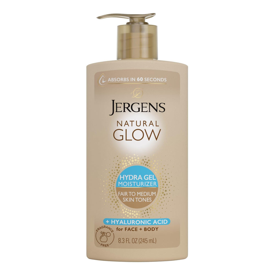 Jergens front packaging showing hydra gel moisturizer and gradual tan benefits