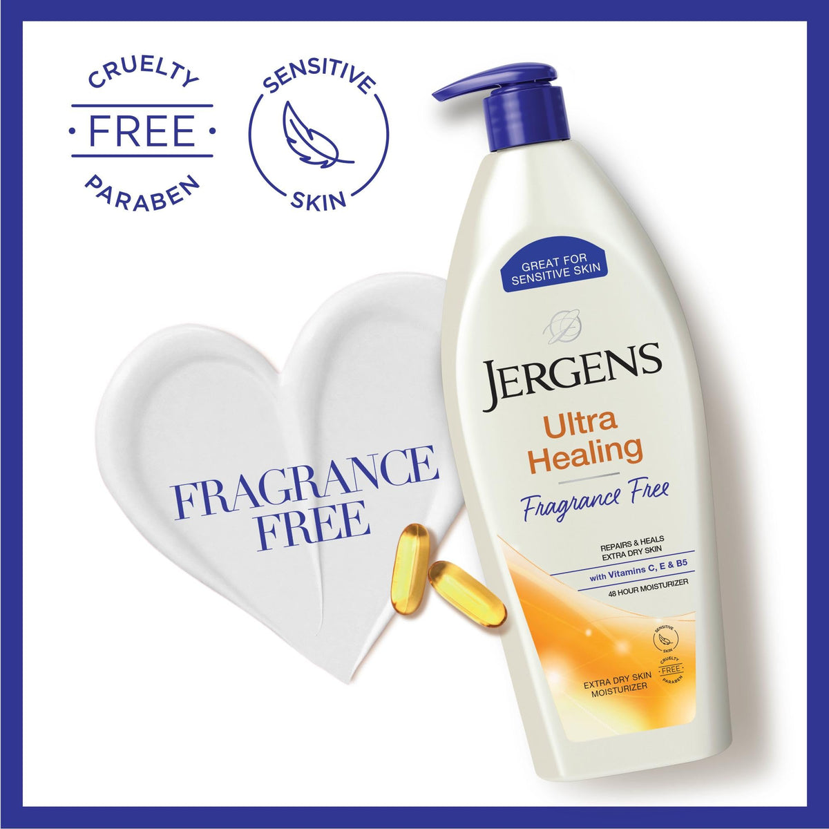 Jergens ingredients label close-up showing vitamins and HYDRALUCENCE