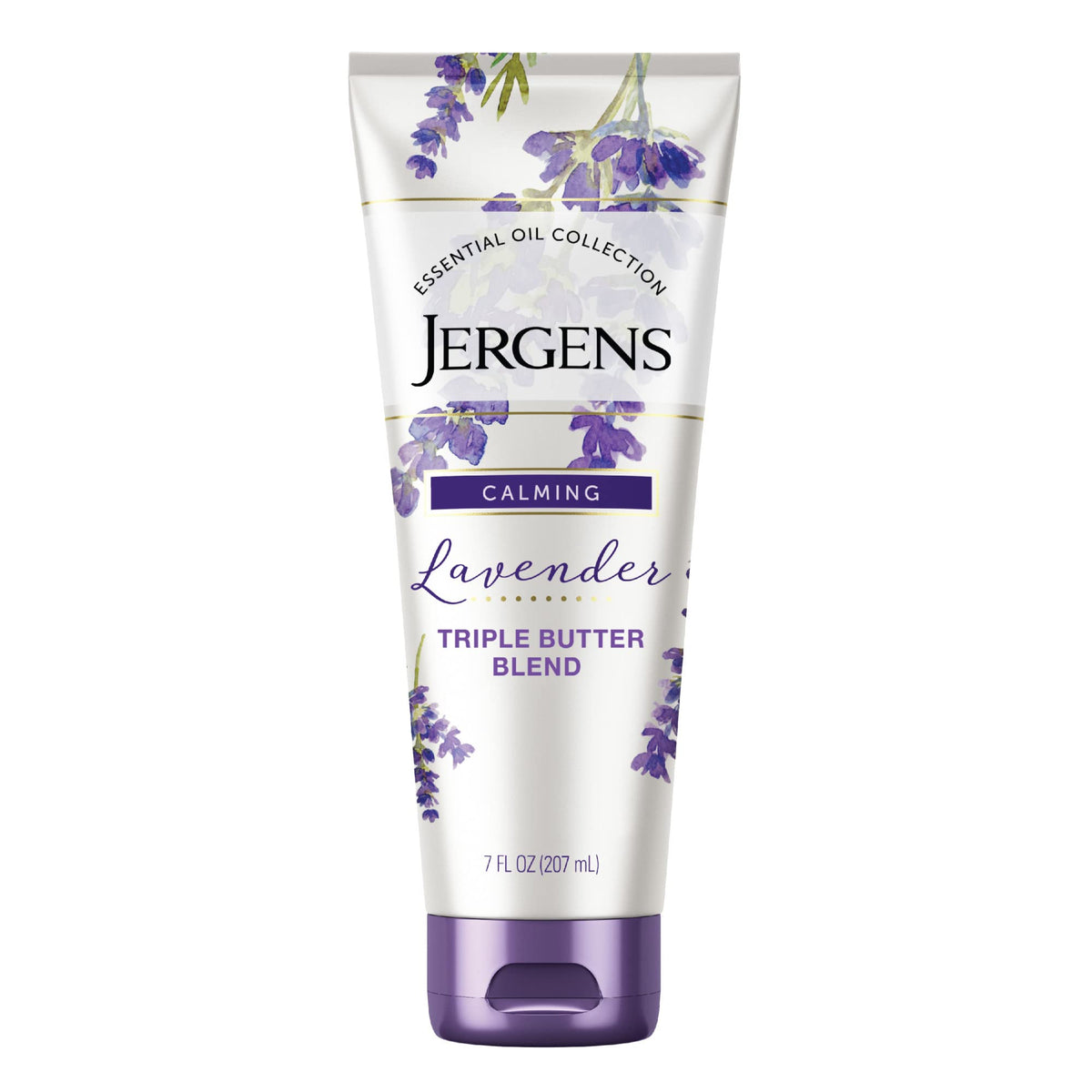 Jergens jar front view showing lavender body butter and travel-ready size benefit