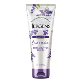 Jergens jar front view showing lavender body butter and travel-ready size benefit
