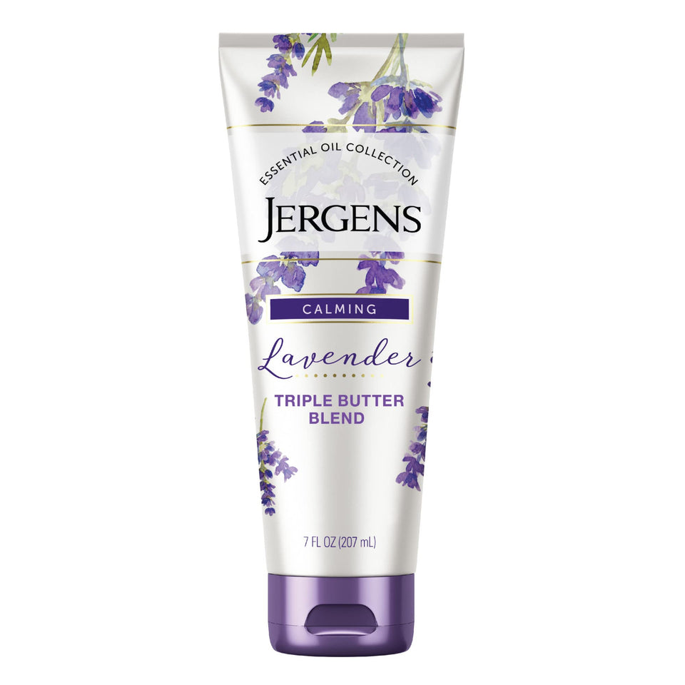 Jergens jar front view showing lavender body butter and travel-ready size benefit