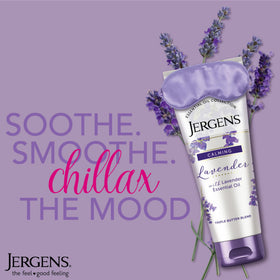 Jergens lavender body butter being applied to hand for instant hydration benefit