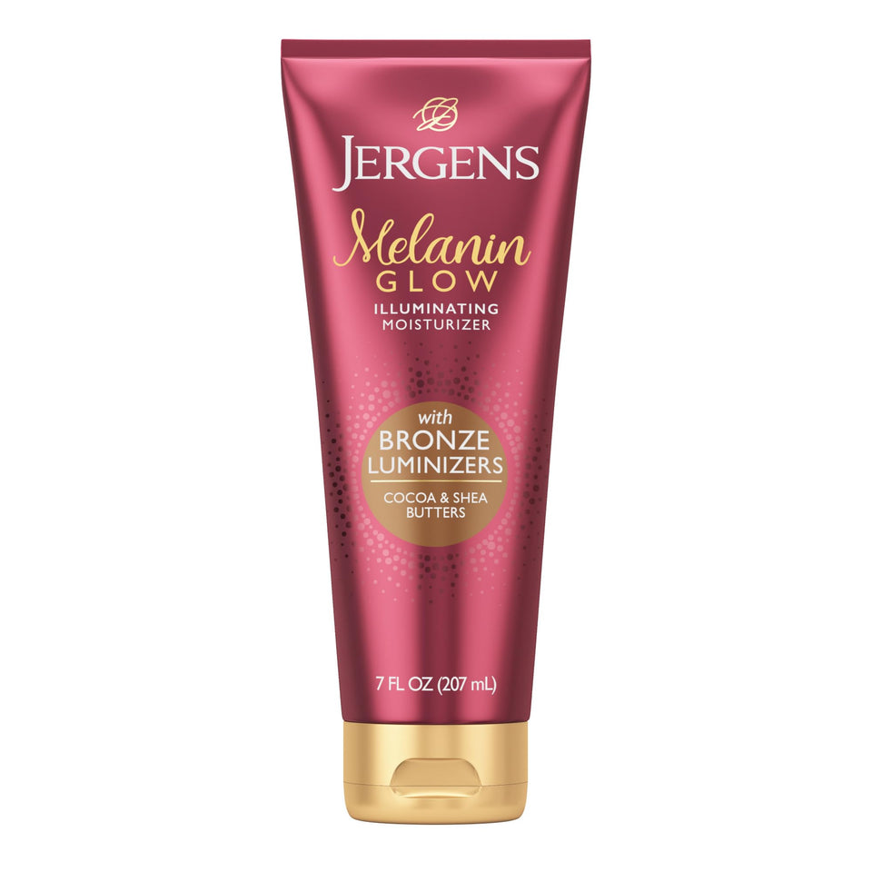 Jergens Melanin Glow front packaging showing bottle and benefits