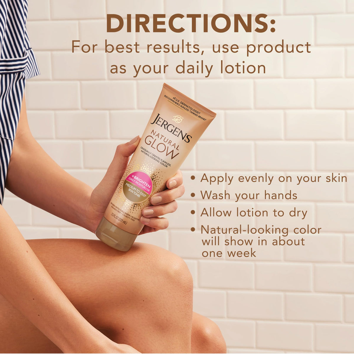 Jergens lifestyle bathroom routine showing daily moisturize-and-tan benefit