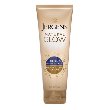 Jergens Natural Glow +FIRMING front tube shows product and benefits
