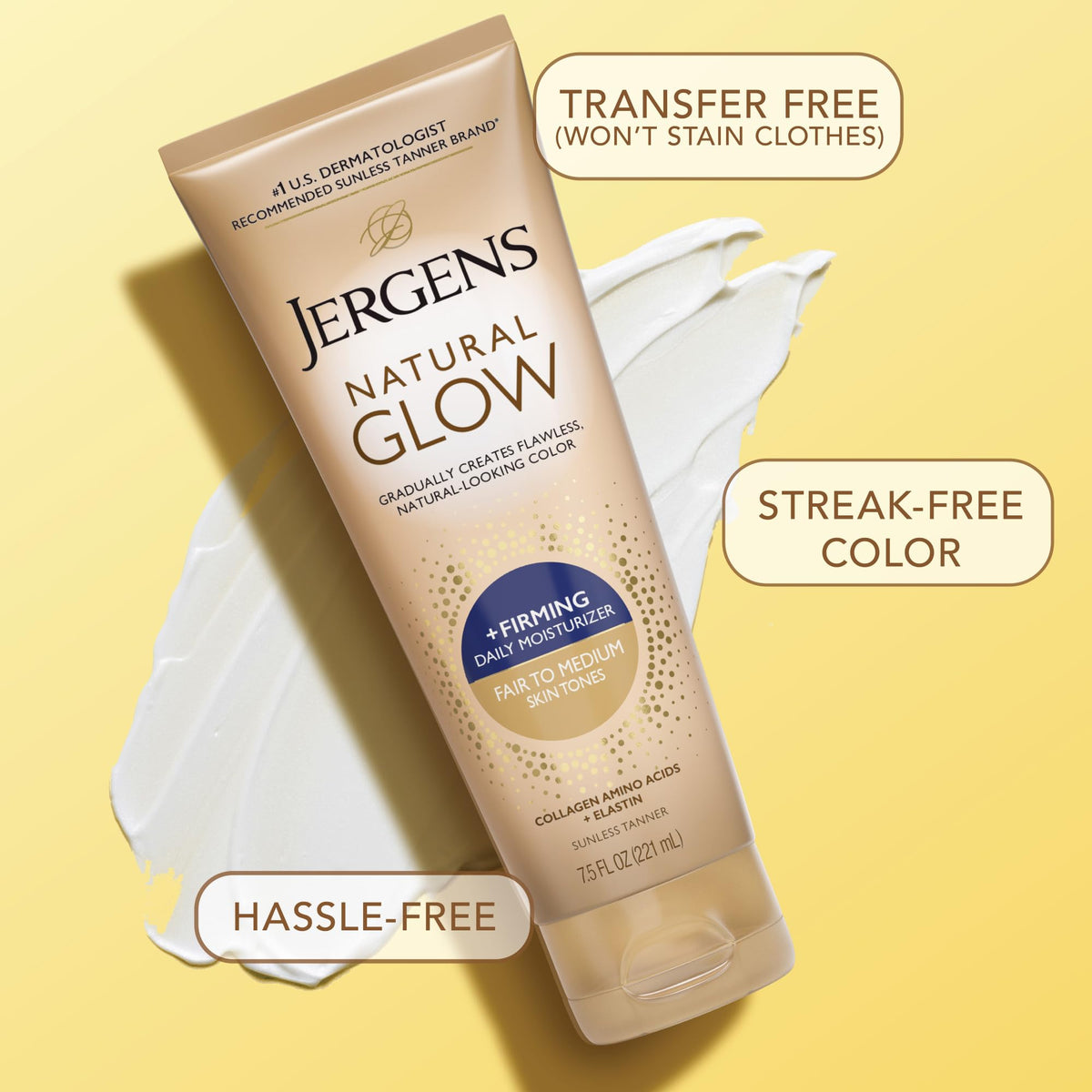 Label close-up of Jergens listing collagen and elastin for smoothing benefit