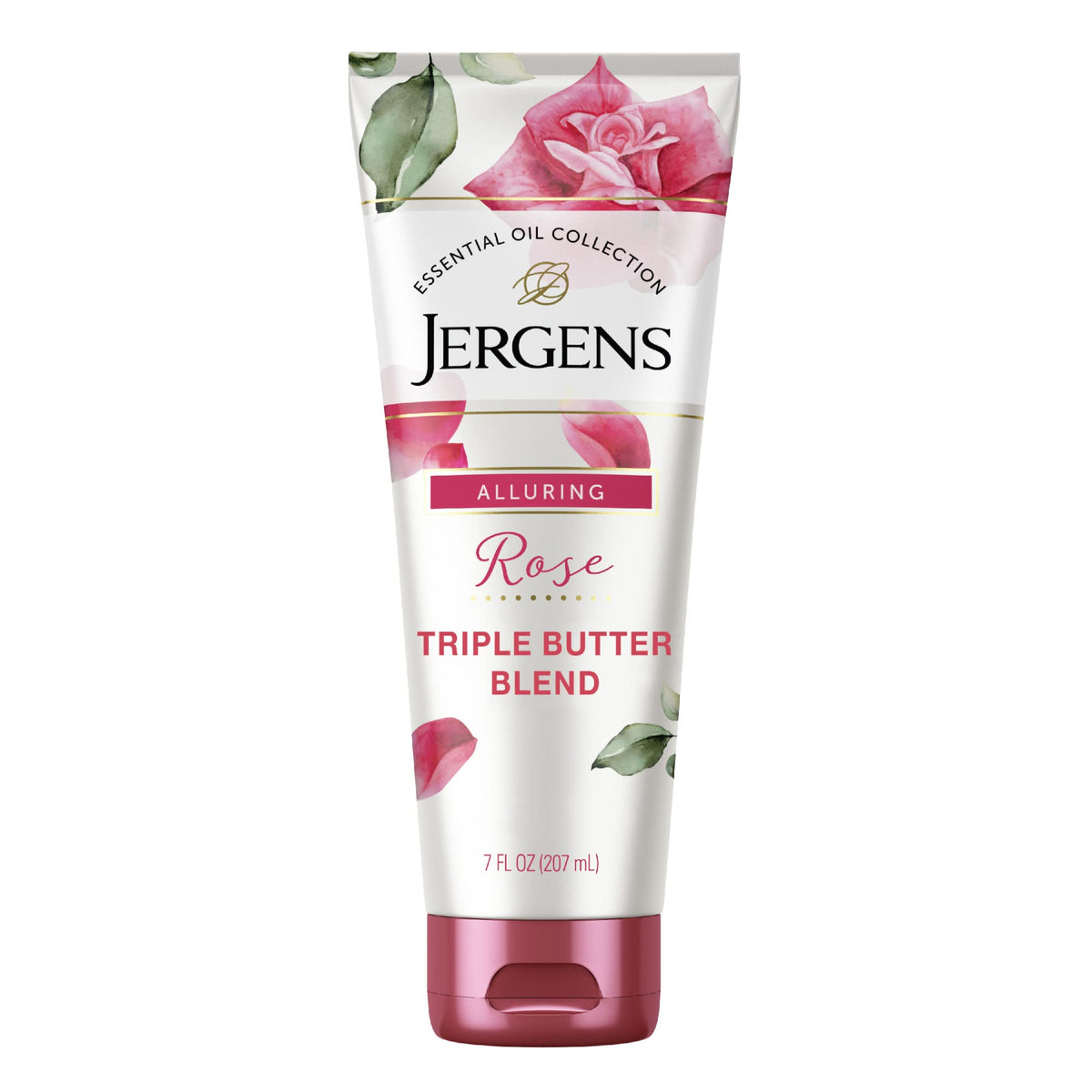Jergens rose body butter front view showing jar and inviting packaging