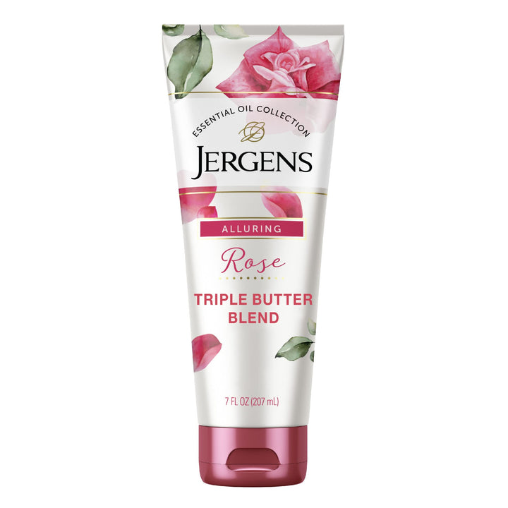 Jergens rose body butter front view showing jar and inviting packaging