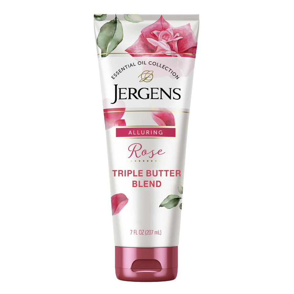 Jergens rose body butter front view showing jar and inviting packaging
