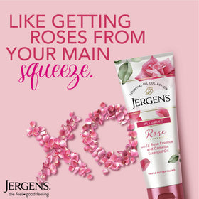 Jergens rose body butter with shea cocoa mango butters highlighted for nourishment