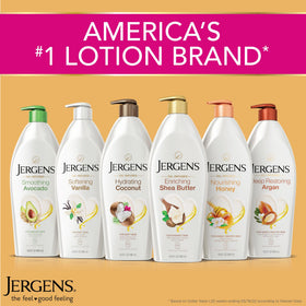 Jergens shea butter label ingredients closeup emphasizing shea butter and vitamin E benefits