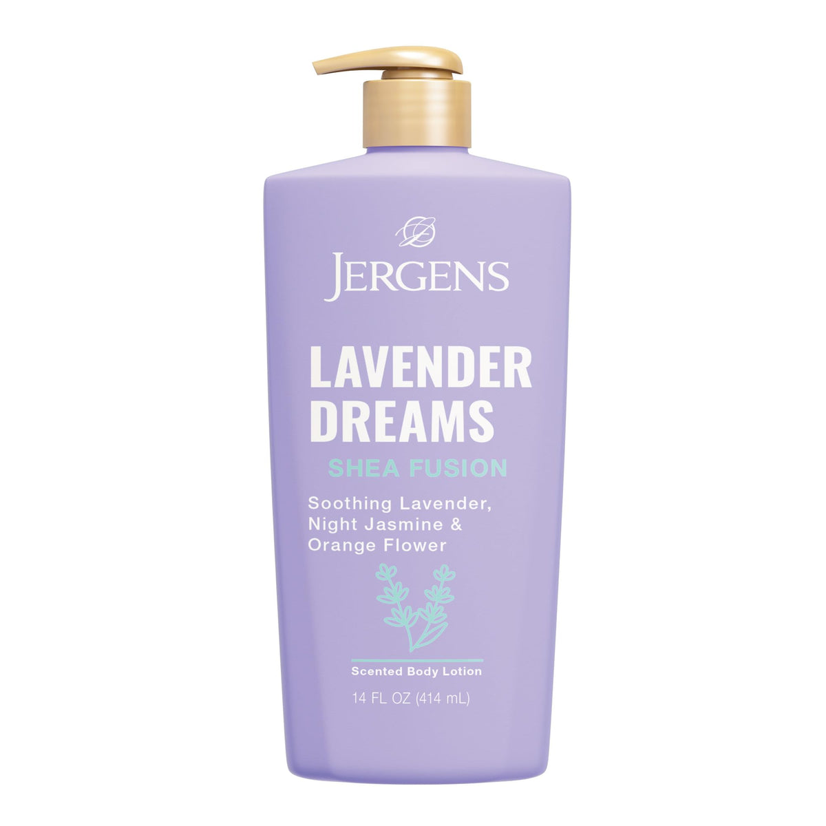 Jergens bottle front showing Lavender Dreams scent and daytime hydration