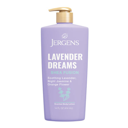 Jergens bottle front showing Lavender Dreams scent and daytime hydration