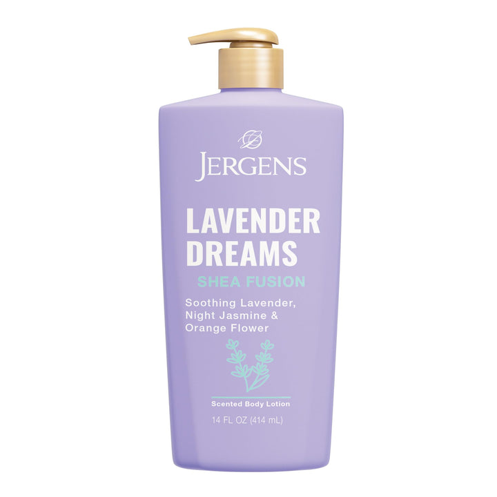 Jergens bottle front showing Lavender Dreams scent and daytime hydration