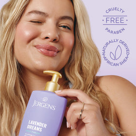 Jergens lotion texture swatch showing silky, fast-absorbing finish