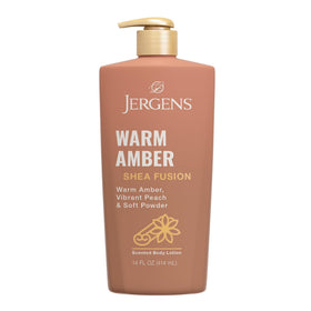 Jergens bottle front view showing warm amber scent and hydrating benefit