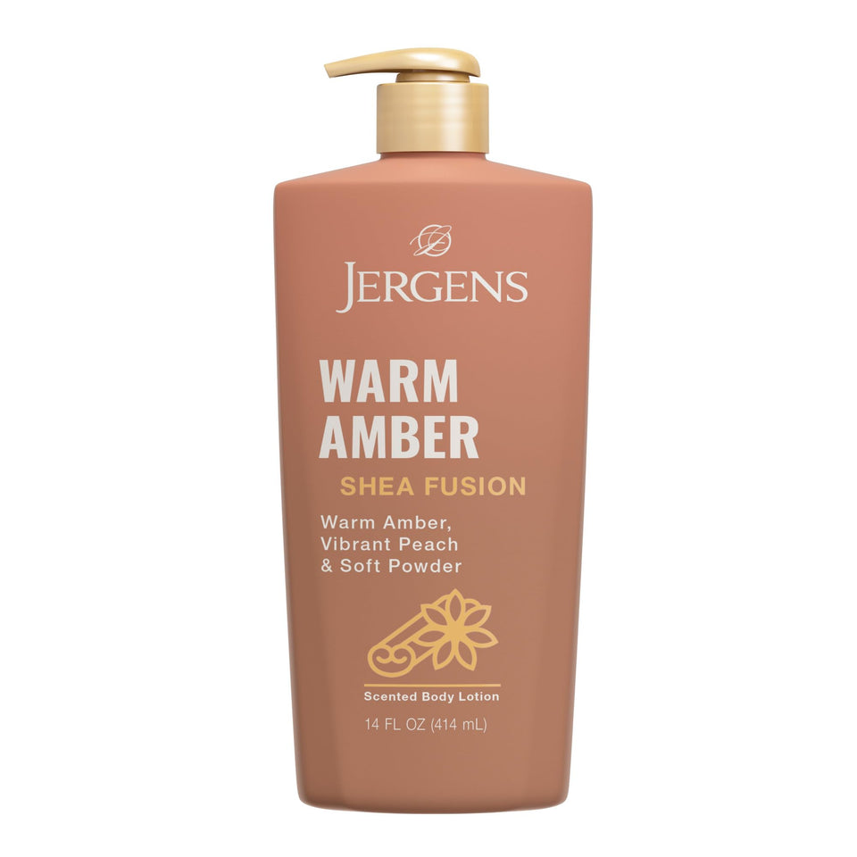 Jergens bottle front view showing warm amber scent and hydrating benefit