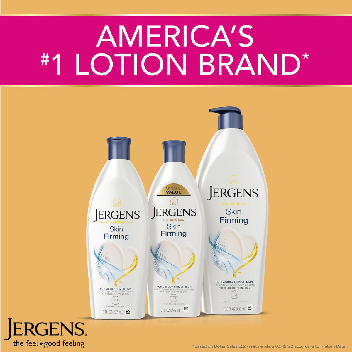 Jergens bottle next to hand showing 16.8 oz scale and generous supply