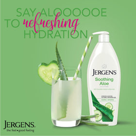Aloe leaf next to Jergens bottle illustrating soothing hydration