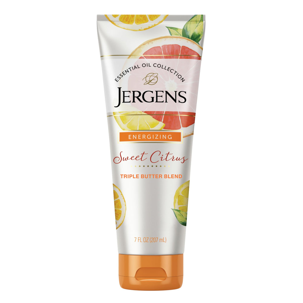 Jergens front packaging showing bottle and bright citrus scent benefit