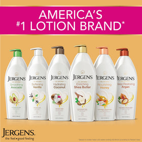 Jergens lotion texture swipe on skin showing fast-absorbing, silky finish