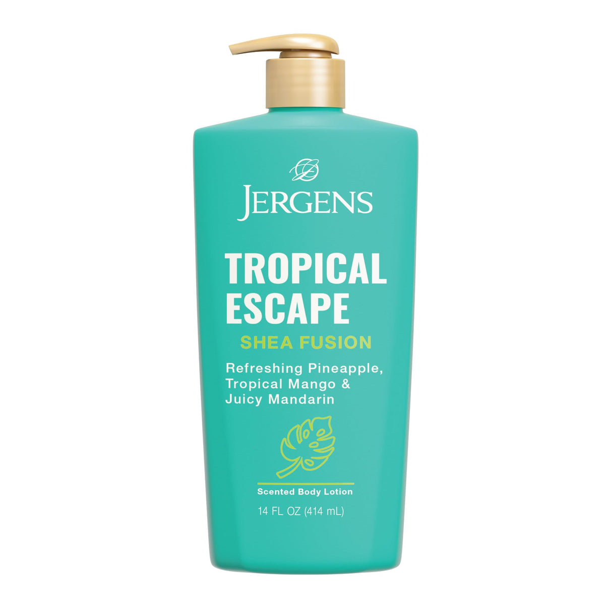 Jergens bottle front view showing Tropical Escape label and benefits