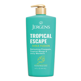 Jergens bottle front view showing Tropical Escape label and benefits