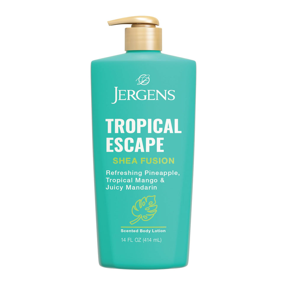 Jergens bottle front view showing Tropical Escape label and benefits