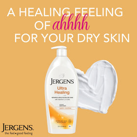 Jergens 32oz bottle next to a ruler showing scale and long-lasting supply