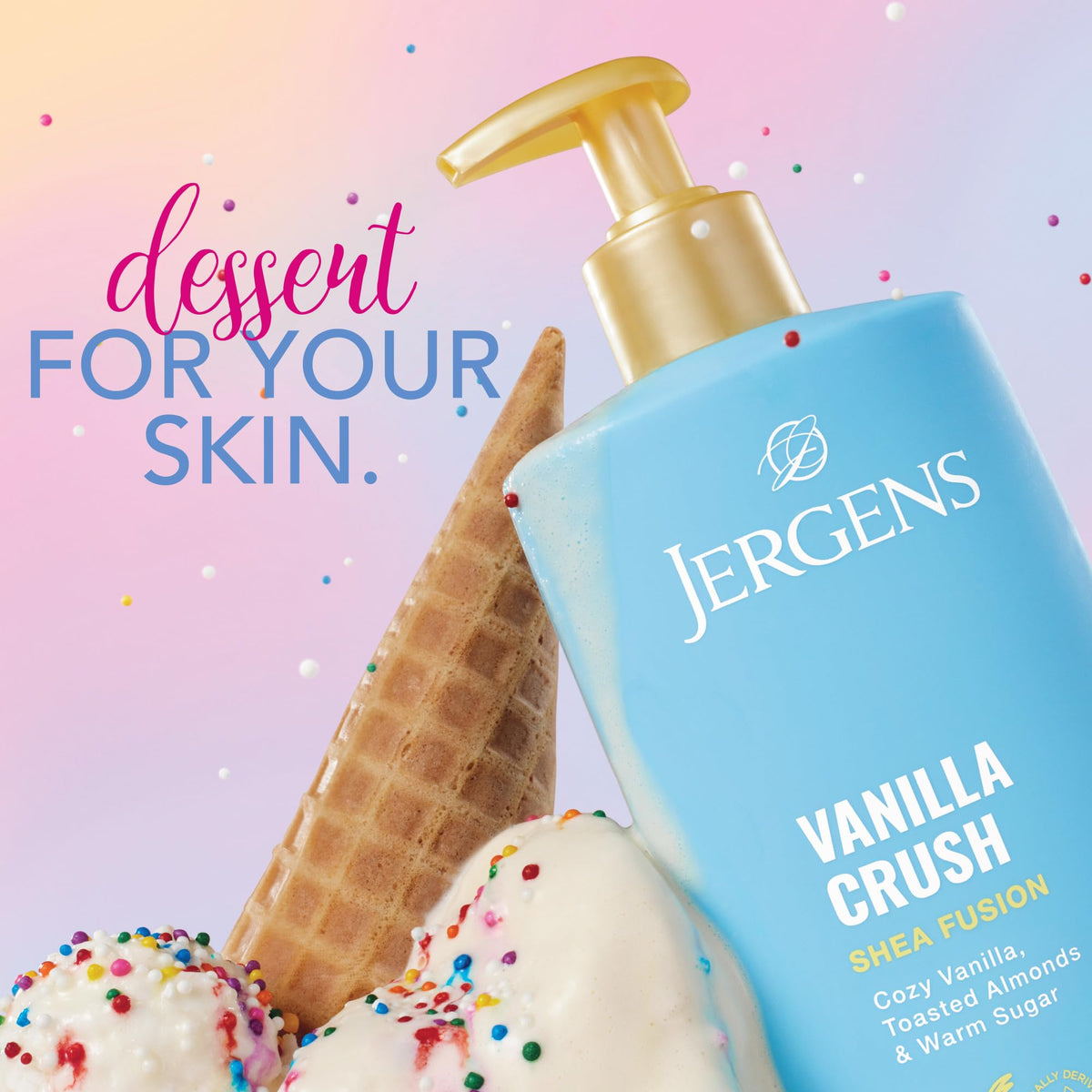 Jergens pump dispenser close-up demonstrating controlled, mess-free application benefit