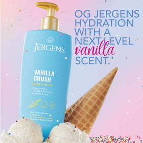 Jergens lotion texture swatch revealing creamy shea-rich formula for quick absorption