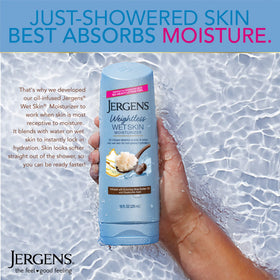 Jergens applied to wet leg demonstrating in-shower hydration locking benefit