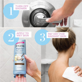 Jergens bottle on bath shelf conveying easy access during shower routine