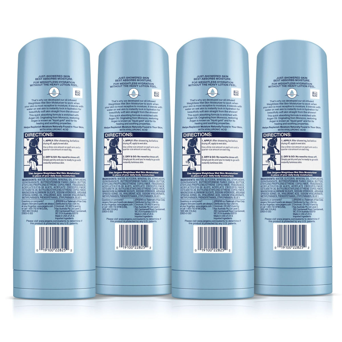 Jergens four-bottle pack displayed for value and multi-bathroom stocking