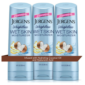 Jergens front packaging shows bottle and coconut oil benefit
