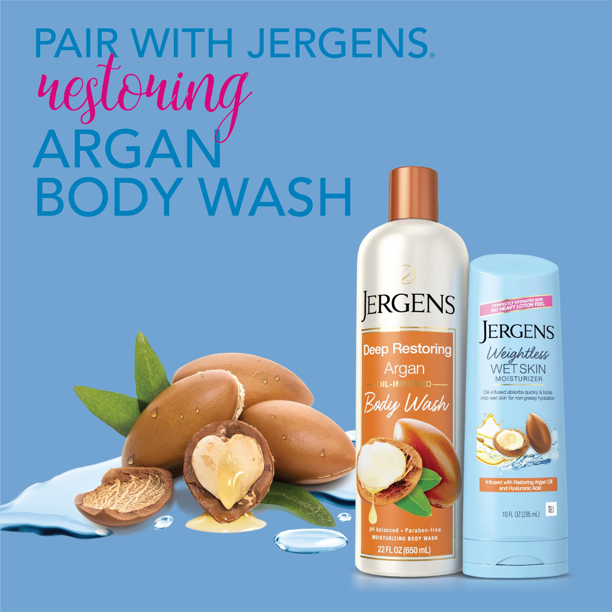 Jergens applied in shower showing wet-skin application locks in moisture