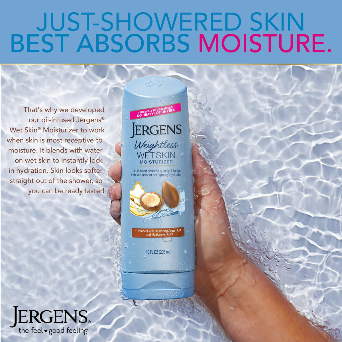 Jergens pump dispenser detail highlighting easy one-hand application and control